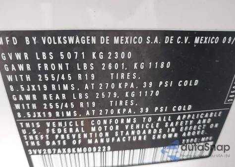 2019 Volkswagen Tiguan 2.0T Se/2.0T Sel/2.0T Sel R-Line/2.0T Sel R-Line Black из США, поврежденный, VIN 3VV2B7AX8KM009229